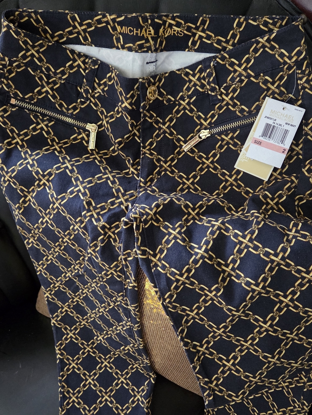 Michael Kors Navy Blue and Gold Chain-Print Skinny Pants - Picture 2 of 5